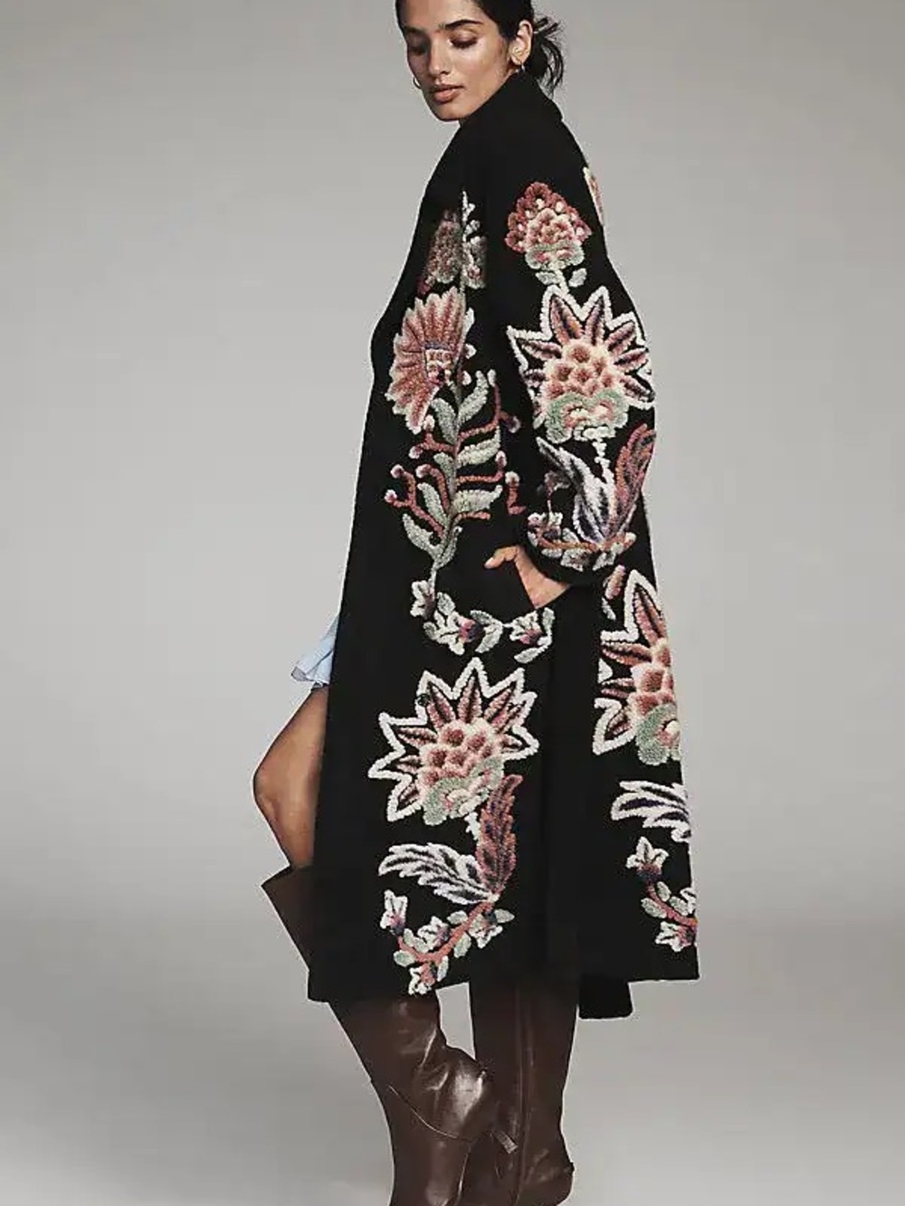 FARM Rio Long Floral Fleece Coat Jacket Black Cream Botanical Print Size S
